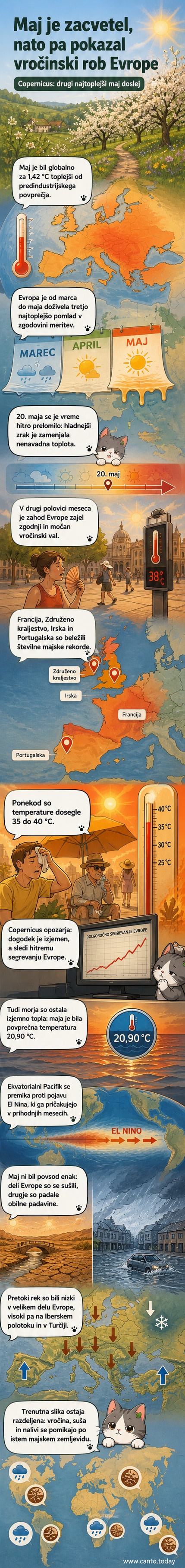 Ilustracija prikazuje Evropo med vročinskim valom, z rdečimi območji za visoke temperature in modrimi za poplave v Vzhodni Evropi.
