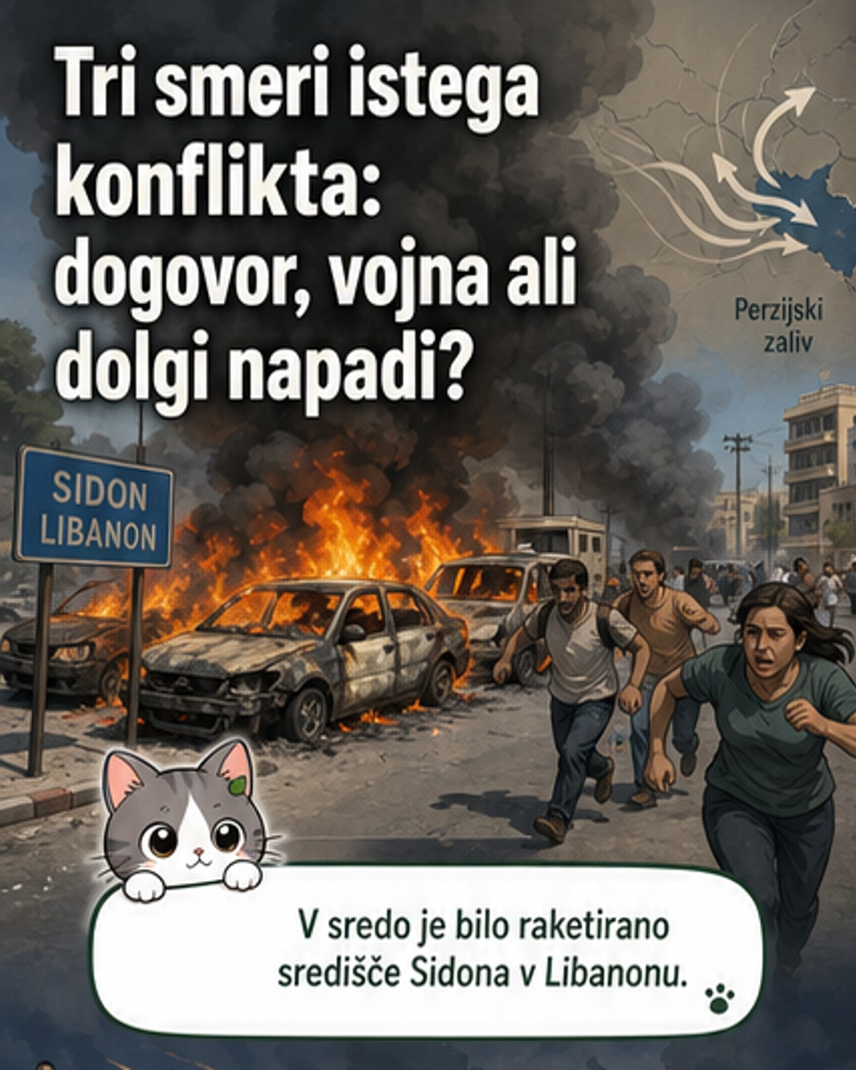 Ilustracija napetosti v Perzijskem zalivu z vojaškimi enotami ZDA, Irana in Izraela ter označenimi smermi možnega razvoja konflikta.