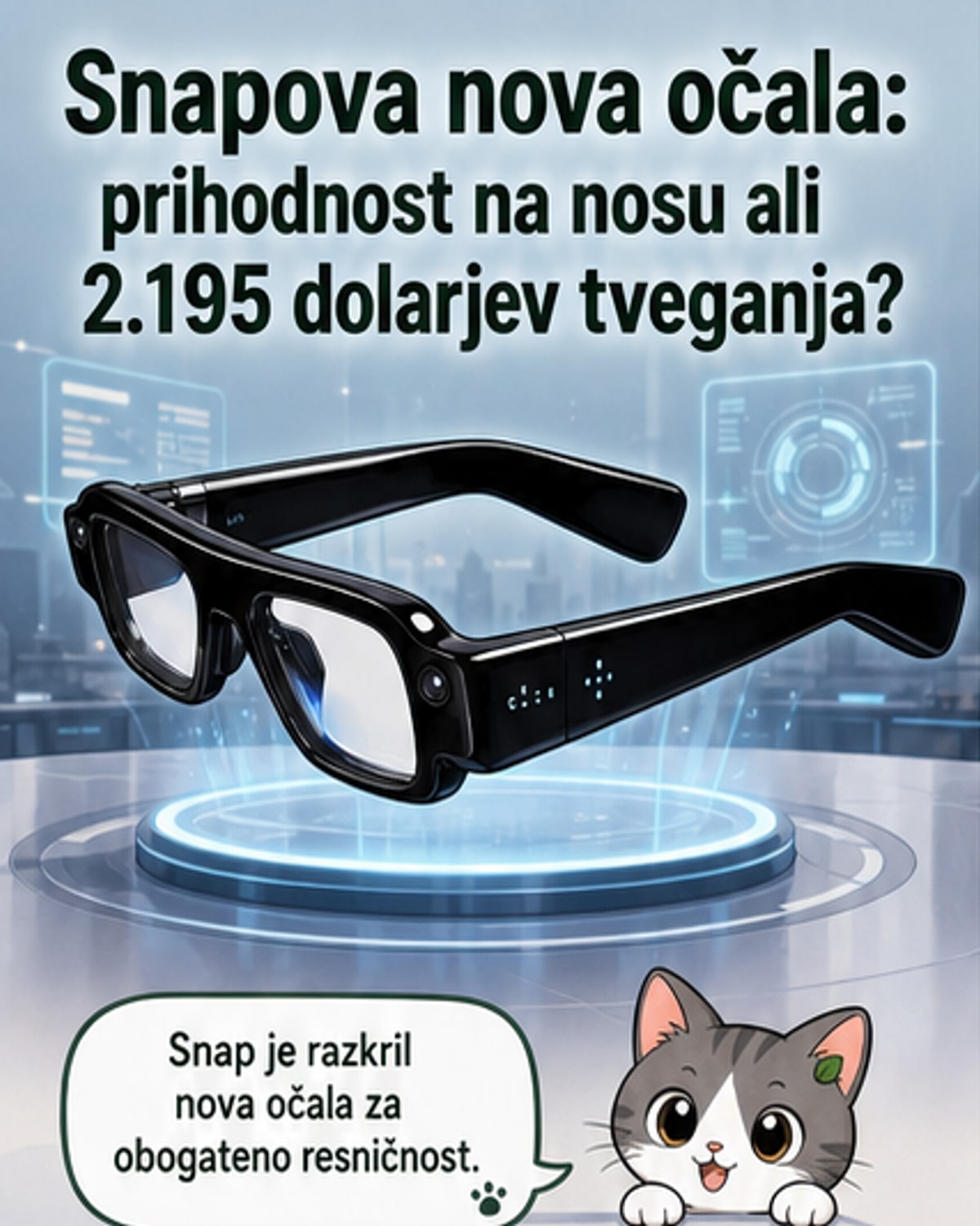 Pametna očala Snap z LED pasico na sredini in moderno, futuristično obliko.