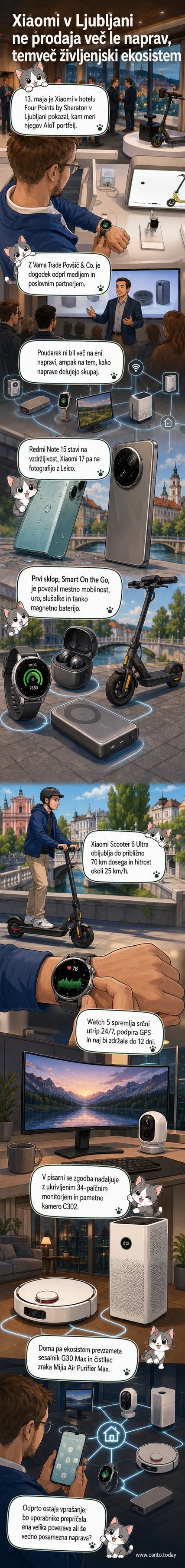 Xiaomi predstavlja povezane pametne naprave na dogodku v Ljubljani – skiro, uro, slušalke, monitor in sesalnik na prikazu povezanega ekosistema.