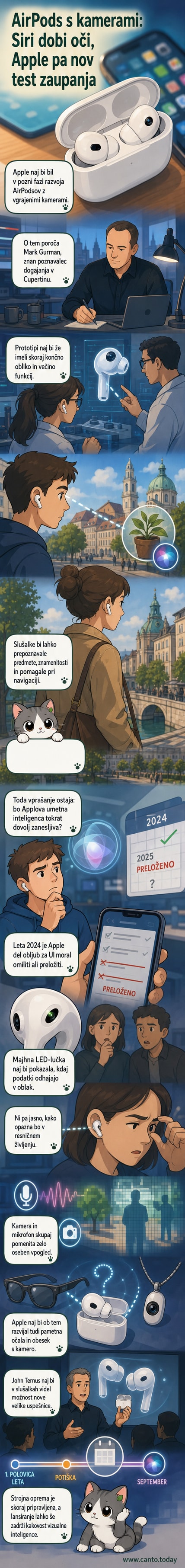 Ilustracija novih AirPodsov z vgrajenima kamerama, ki kažejo na njihovo sposobnost zaznavanja okolja.