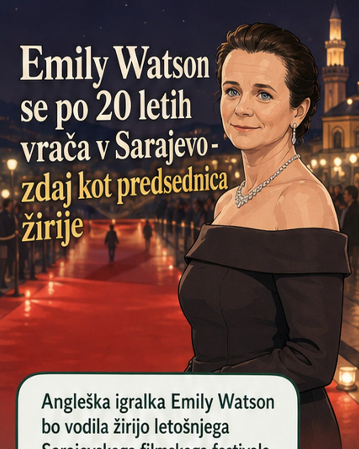 Portret igralka Emily Watson na rdečem tepihu, v ozadju logotip Sarajevskega filmskega festivala.