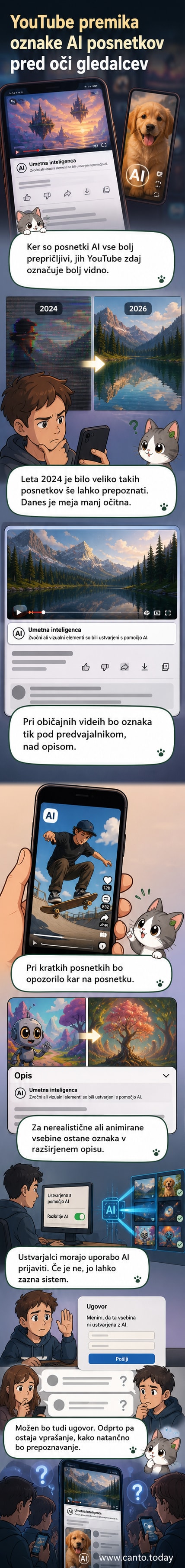 Ilustracija YouTube predvajalnika z oznako 'AI-vsebina' pod videoposnetkom.