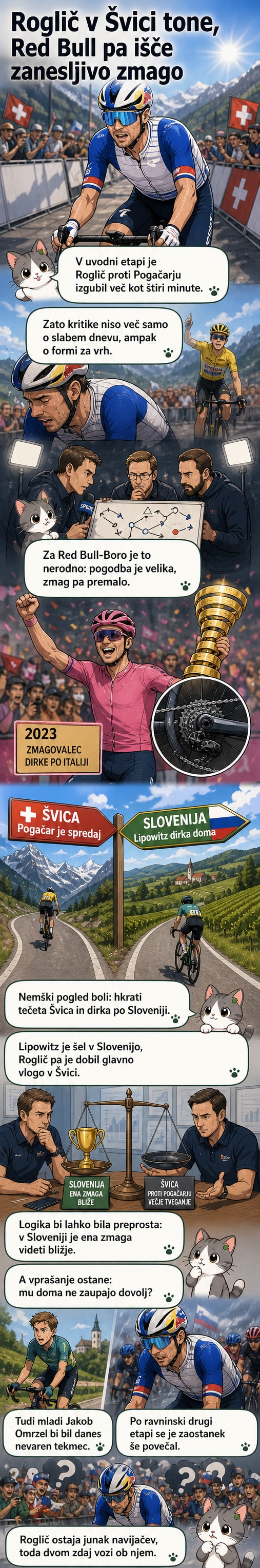 Primož Roglič vozi po cesti v Švici, za njim so gledališča in zavetišča, nekaj navijačev drži slovenske zastave.