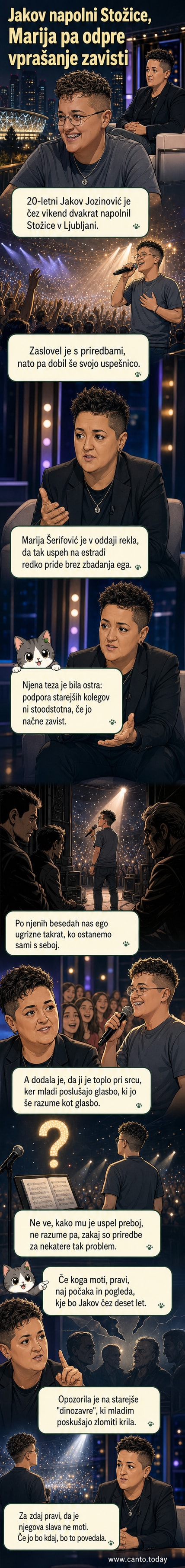 Marija Šerifović in Jakov Jozinović, dva glasbenika različnih generacij, na sceni z mikrofonom v roki.