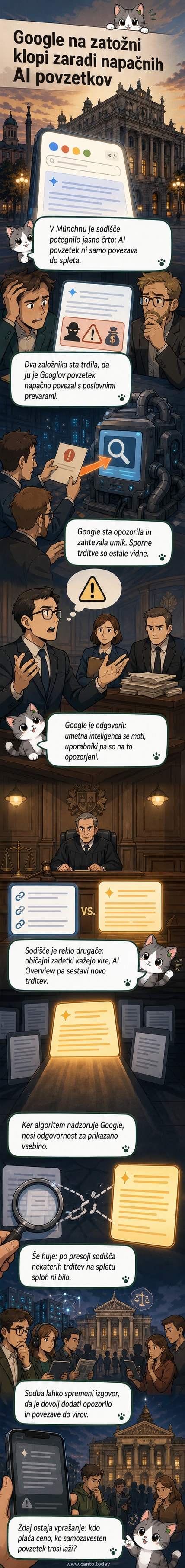 Ilustracija: sodni dvorana z logotipom Google na klopi obtoženega, ozadju pa plavajo napačni AI-povzetki kot digitalni oblaki.