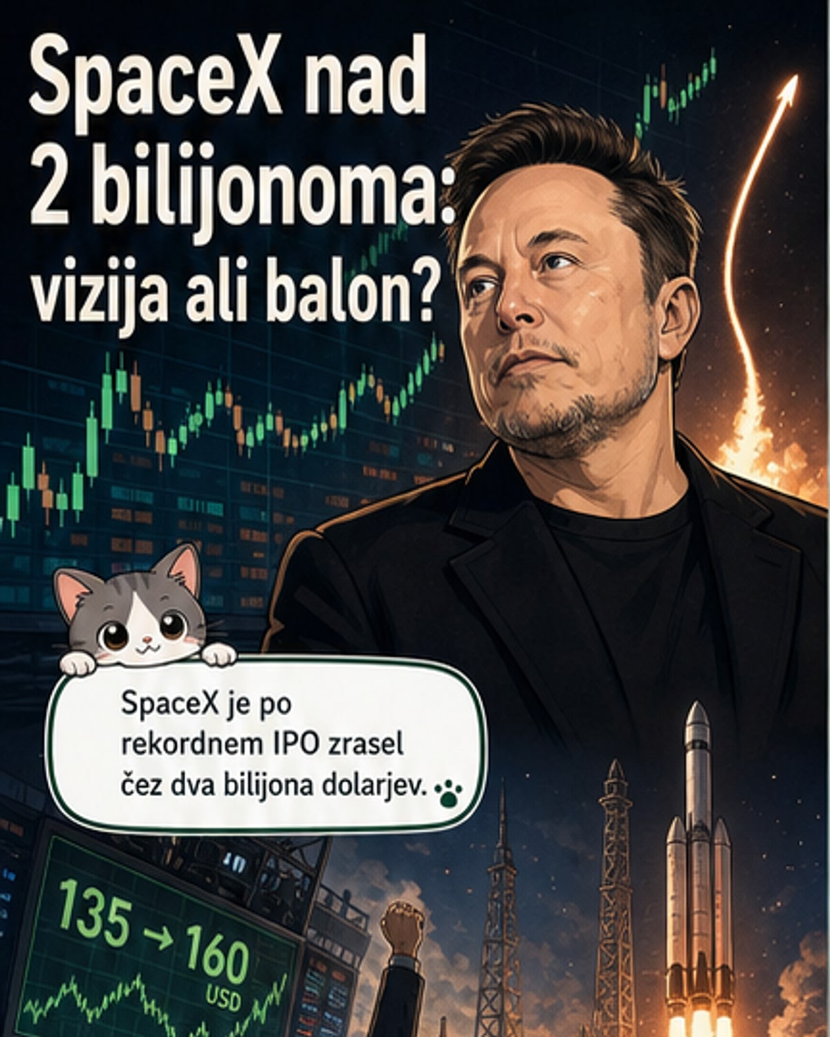 Ilustracija rakete SpaceX Starship pred ozadjem borzne grafične krivulje, ki se hitro dviguje proti nebu.