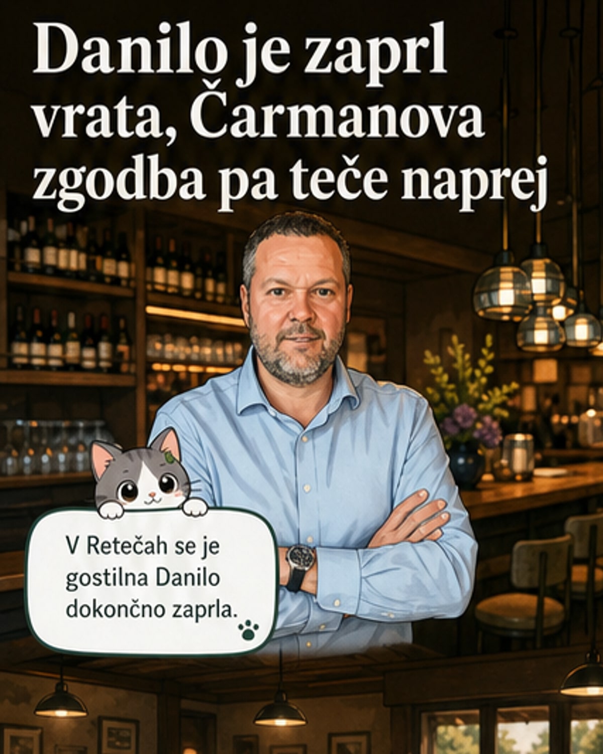 Ilustracija gostilne Danilo z zaprtimi vrati, v ozadju pa vinoteka Evino z raznoliko ponudbo vin in hrane.