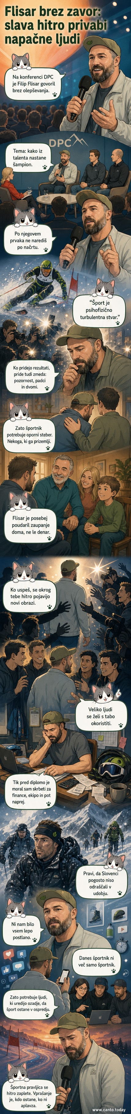 Filip Flisar na konferenci o športu, kjer govori o izzivih slavnih športnikov in vlogi karakterja.