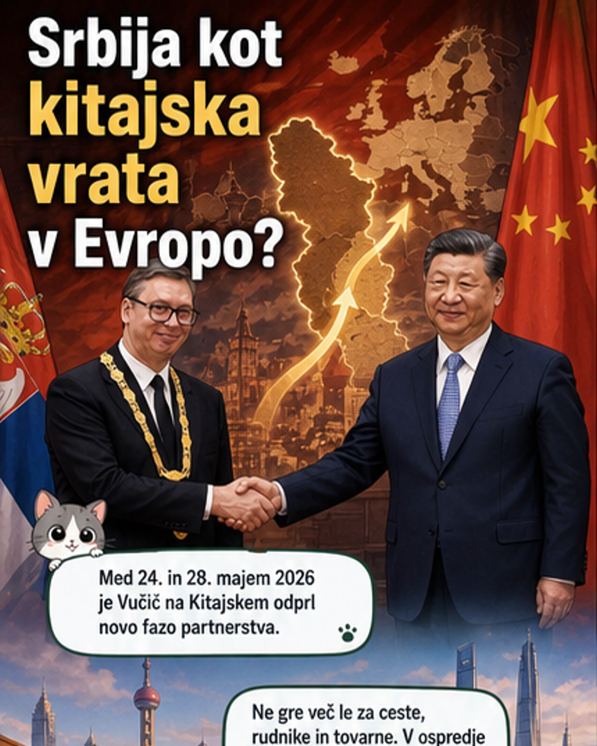 Ilustracija srbskega in kitajskega voditelja ob simboličnem robotu, ki simbolizira novi tehnološki korak Srbije v sodelovanju z Kitajsko.