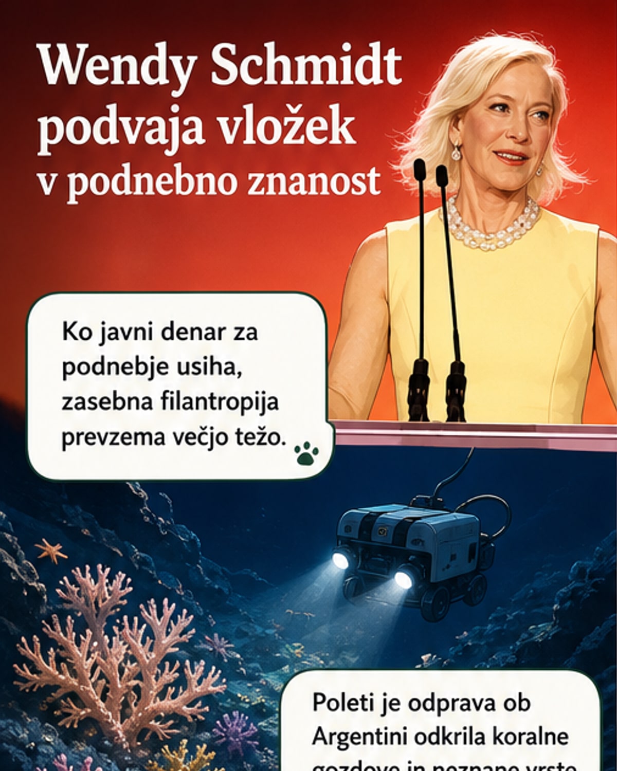 Ilustracija milijarderke Wendy Schmidt na krovu raziskovalne ladje, ki opazuje podmorske koralne gozdove skozi zaslon, v ozadju globoko morje in neonske morske zvezde.