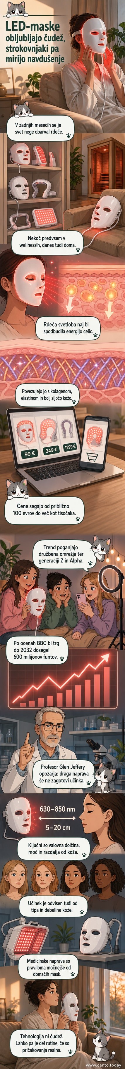 Ženska v modri sobi uporablja rdečo LED-masko za obraz, okoli nje so razstavljene druge pametne negovalne naprave.