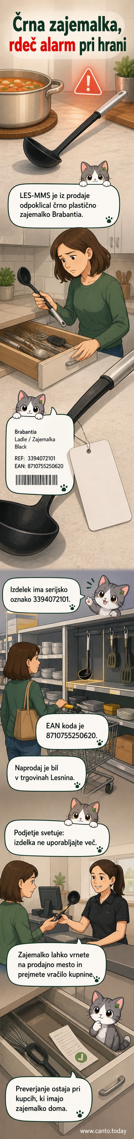 Slika zajemalke iz črne plastike s podatki o odpoklicu zaradi varnostnih pripomb.