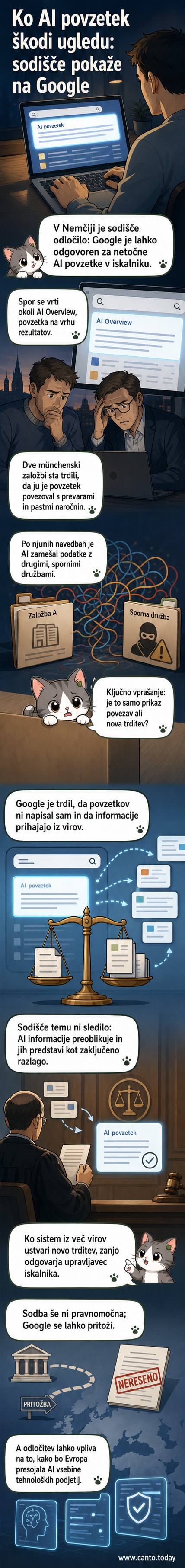 Ilustracija: Googleov logotip z zaslonom, ki prikazuje AI-povzetek z opozorilnim trikotnikom in besedilom 'Netočen povzetek'. V ozadju sodna dvorana.