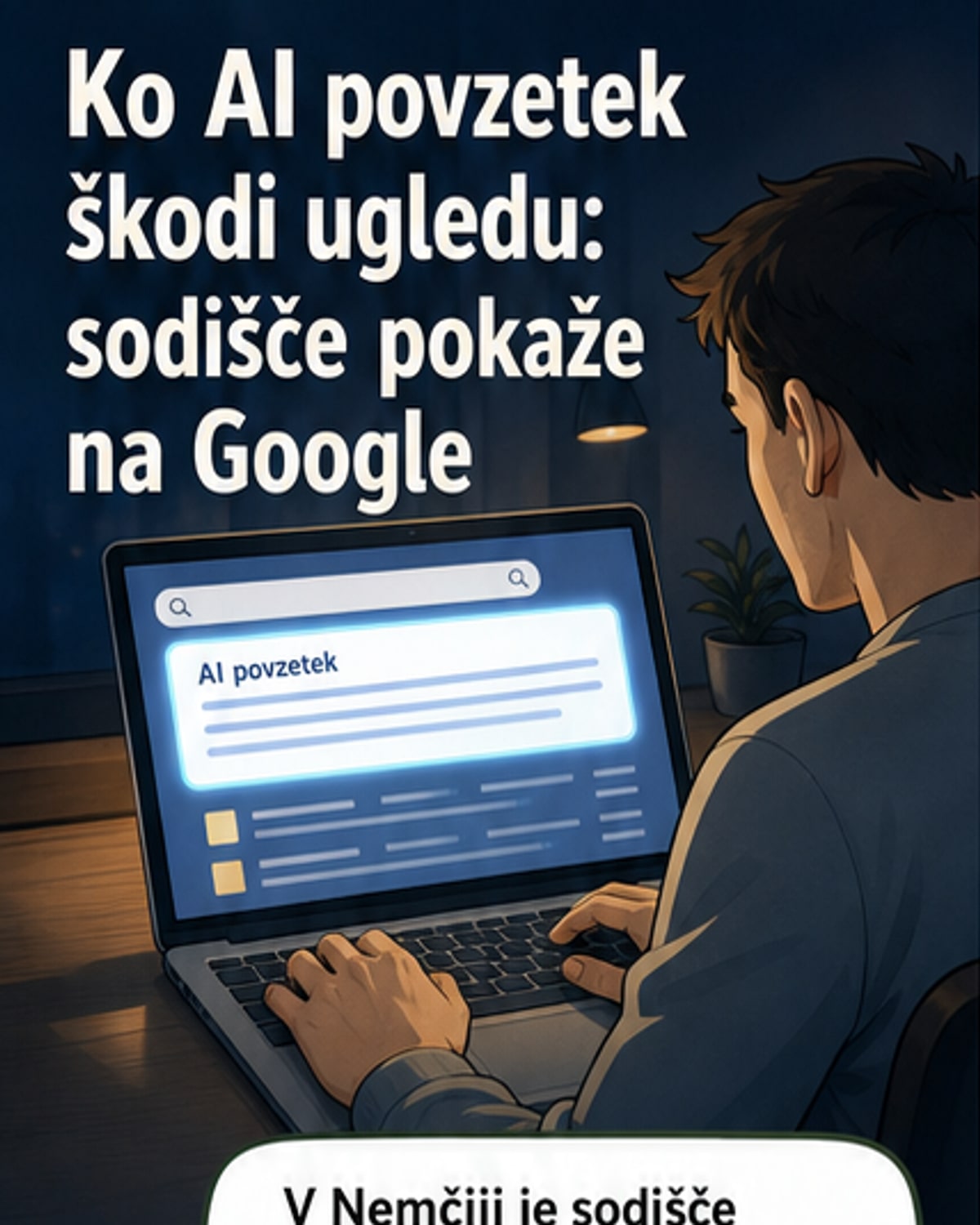Ilustracija: Googleov logotip z zaslonom, ki prikazuje AI-povzetek z opozorilnim trikotnikom in besedilom 'Netočen povzetek'. V ozadju sodna dvorana.