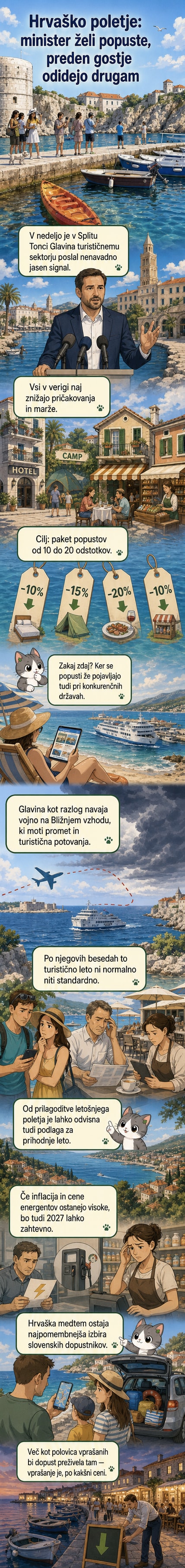 Ilustracija hrvaške obale s simboli za popuste in turiste, ki primerjajo cene na tablici