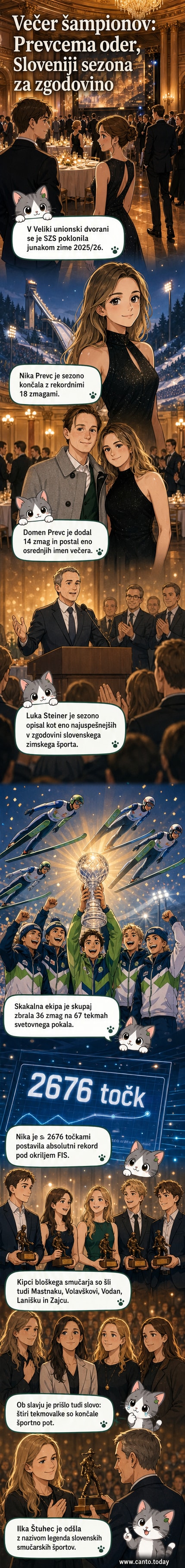 Nika in Domen Prevc na slovesnosti Večer šampionov v Ljubljani, obdan z medaljami in priznanji za izjemne dosežke v sezoni 2025/26.
