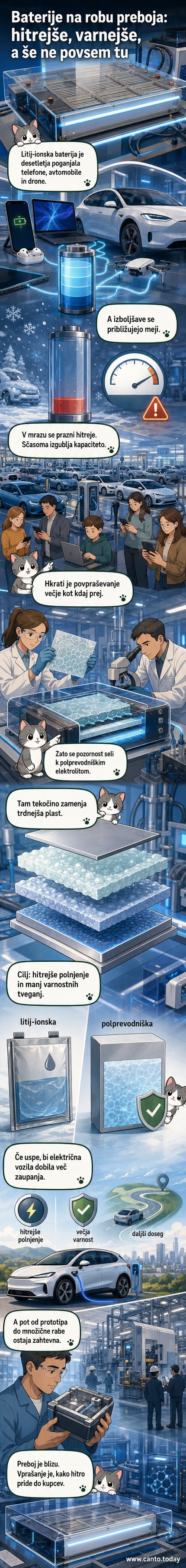 Ilustracija nove polprevodniške baterije z notranjo strukturo, ki prikazuje stabilnejši tok ionov v primerjavi s tradicionalno litij-ionsko baterijo.