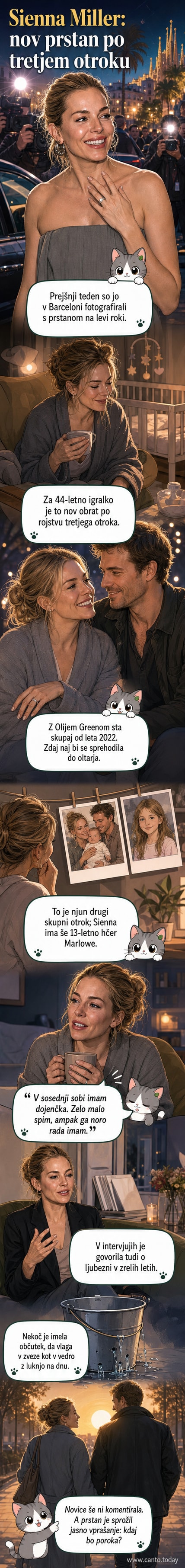 Sienna Miller z nosilcem, obraz s sijajem, na roki sijajni zaročni prstan, v ozadju mesto.