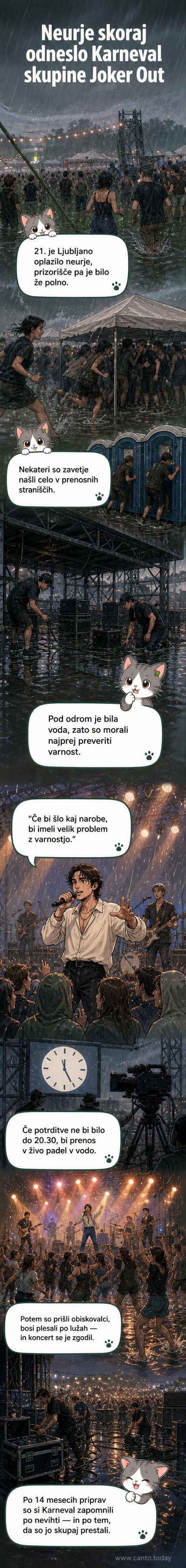 Ljudje bežijo s koncerta Joker Out med močnim neurjem, nekateri se skrivajo v prenosnih straniščih na dežju.