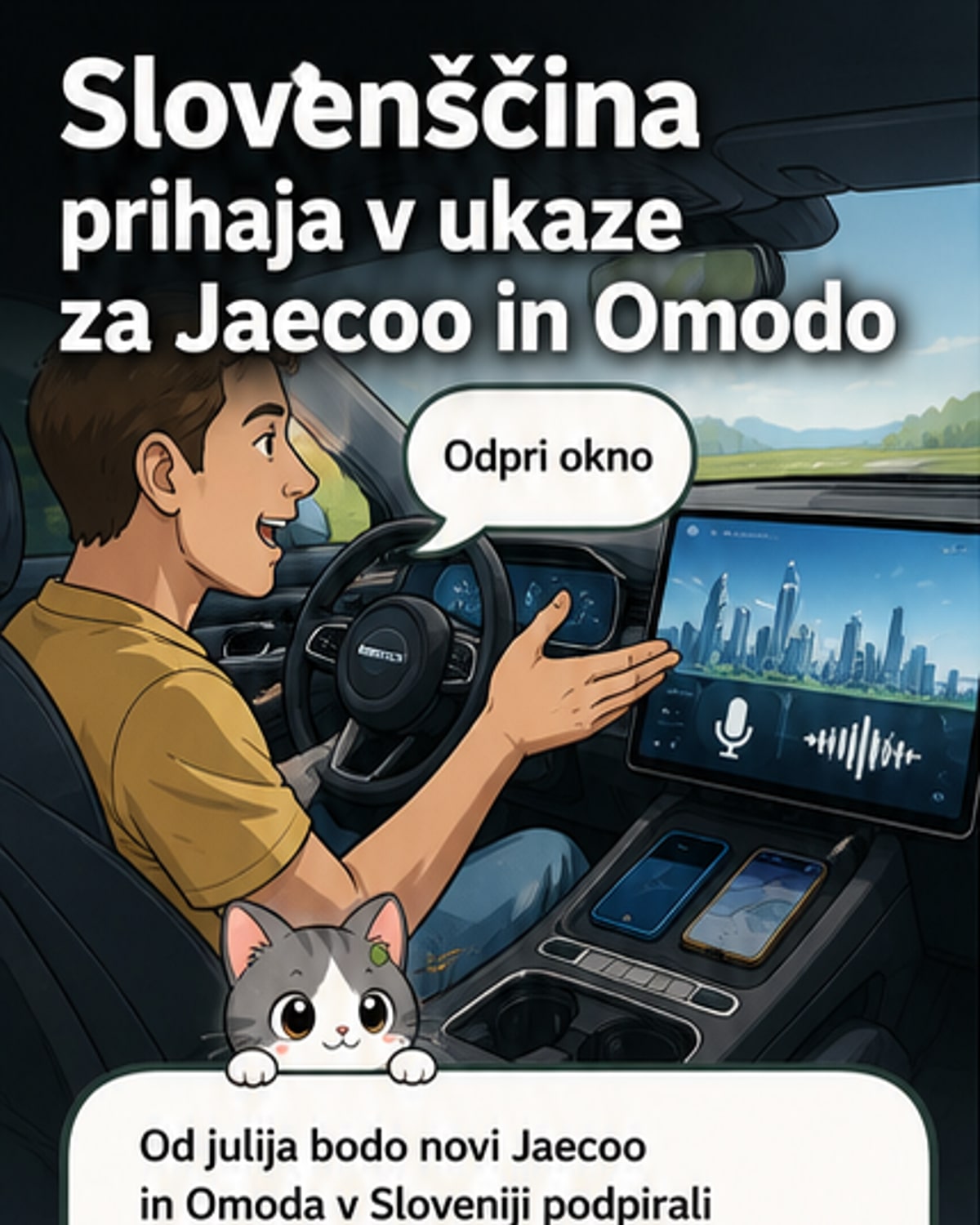 Digitalni prikaz suvja Omoda 7 z zaslonom, ki prikazuje aktivacijo glasovnega ukaza v slovenščini: 'Odpri okno'.