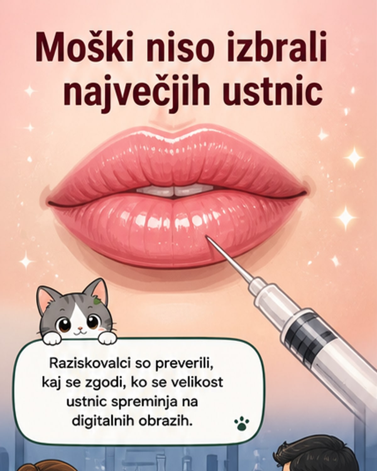Ilustracija dveh digitalno spremenjenih ženskih obrazov – enega z naravnimi, drugega z umetno povečanimi ustnicami – v kontekstu psihološke študije o zaznavi lepote.
