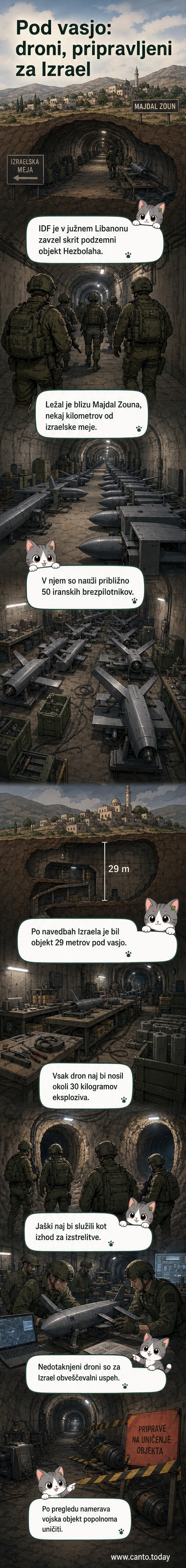 Ilustracija podzemnega tunela v Libanonu, kjer so izraelske sile odkrile sestavljene iranske drone in skladišča eksplozivov.