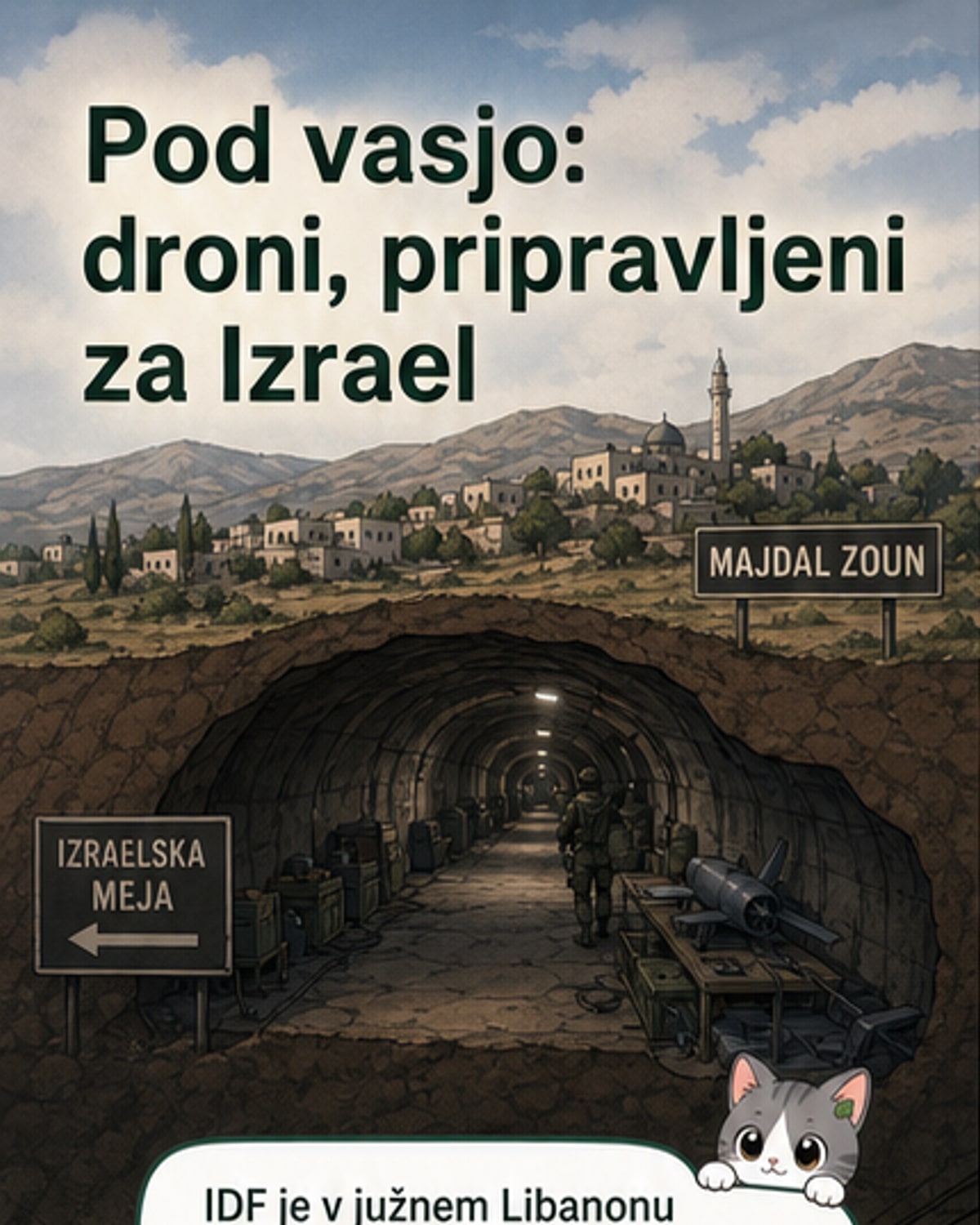Ilustracija podzemnega tunela v Libanonu, kjer so izraelske sile odkrile sestavljene iranske drone in skladišča eksplozivov.