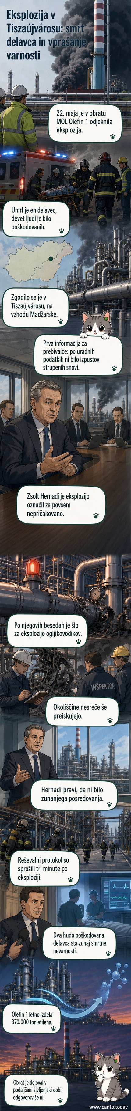 Pogled na industrijski obrat MOL po eksploziji, kjer so vidni dim in reševalci na kraju dogodka.
