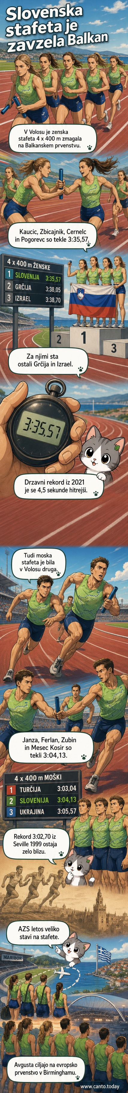 Slovenska ženska štafeta po zmagi na balkanskem prvenstvu v atletiki, atletkinje se veselijo ob dresih z državnim grbom.
