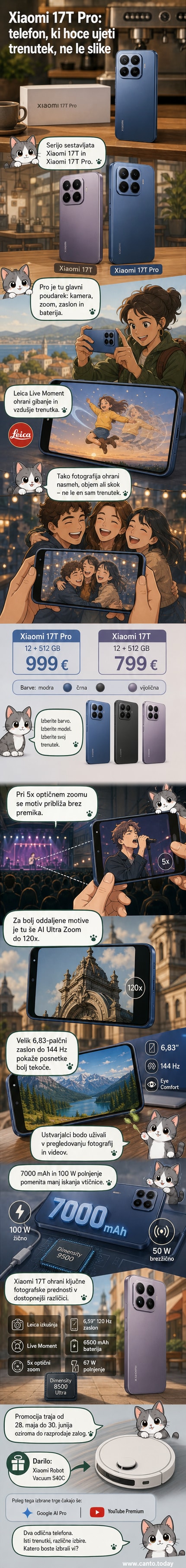 Prikazana je nova serija Xiaomi 17T in 17T Pro, z zaslonoma, ki prikazujeta kakovostne fotografije z oznako Leica. V ozadju je prikazan koncert in potovanje, da poudarijo uporabniške primere.