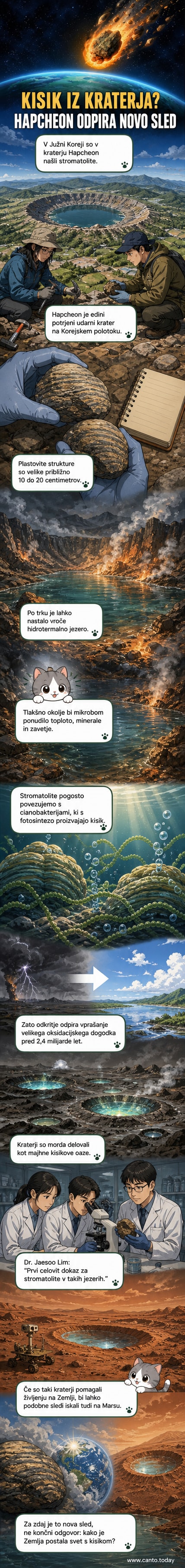 Ilustracija asteroidnega trka v preteklosti, iz katerega nastaja vroče jezero z mikrobi, ki proizvajajo kisik, ter primerjava z današnjim kraterjem Hapcheon v Južni Koreji.