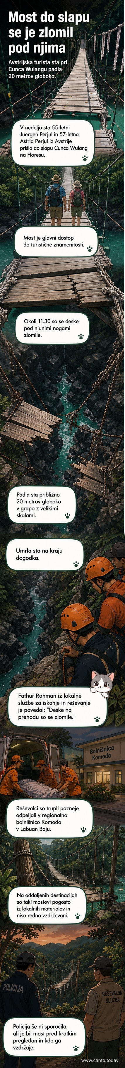 Ilustracija visečega mostu, ki se zruši med prehodom dveh turistov; pod njim je grapa z velikimi skalami na dnu.