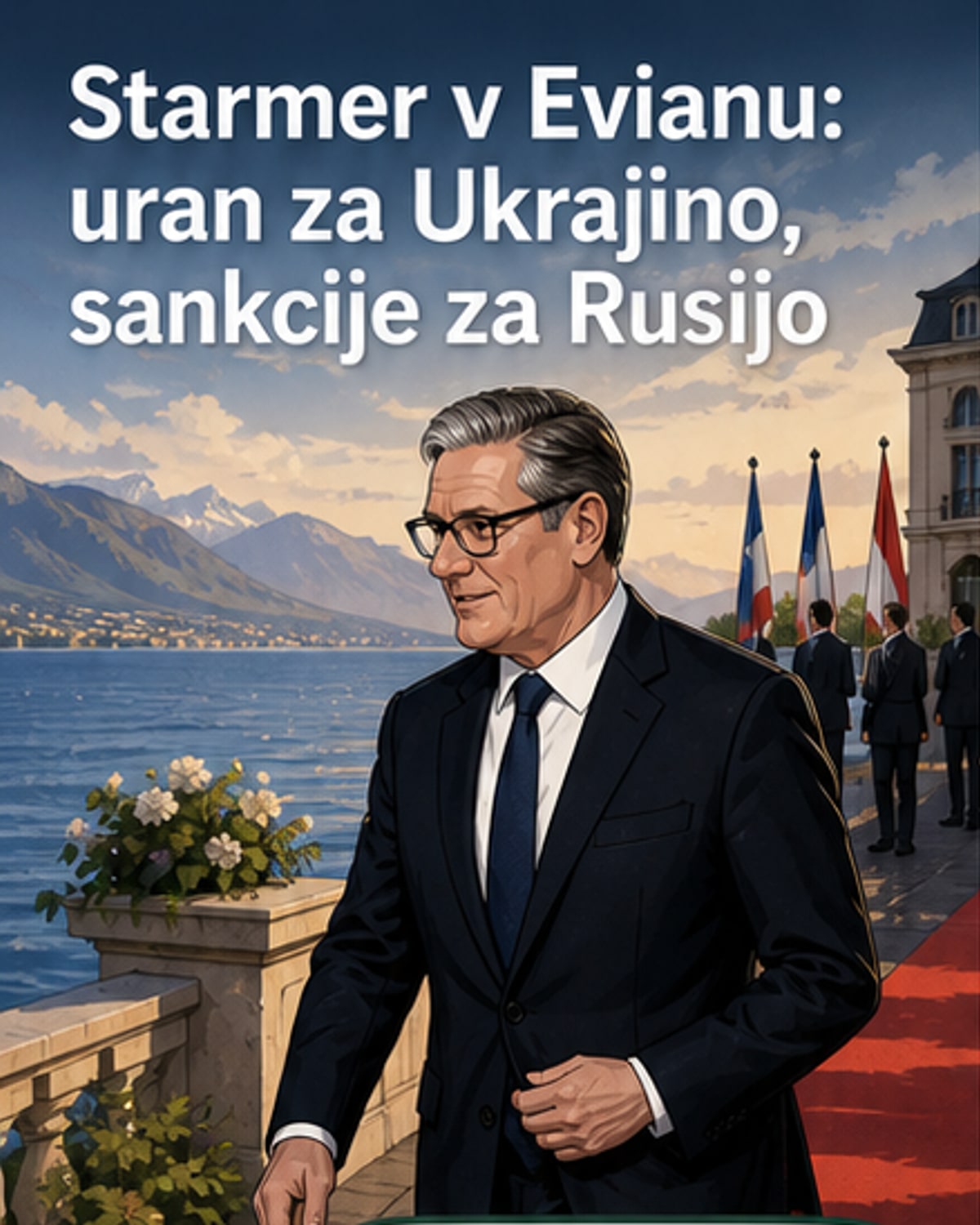 Britanski premier Keir Starmer preden vstopi na vrh G7 v Evianu, ob njem zastava Združenega kraljestva
