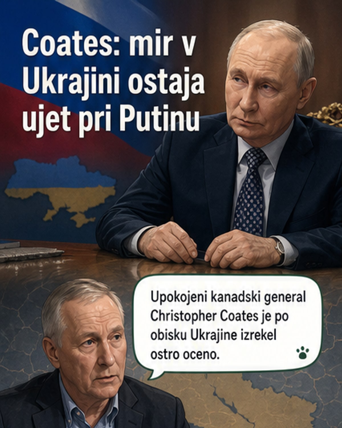 Ilustracija upokojenega generala pred zemljevidom Ukrajine in Rusije, s simboli dronov in energetske infrastrukture v ozadju.