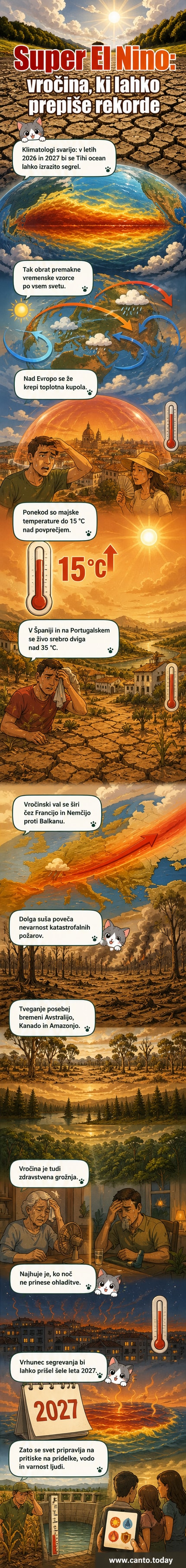 Ilustracija toplotne kupole nad Evropo, segrevanja Tihega oceana in vročinskih valov po svetu, povezanih z Super El Niñom.