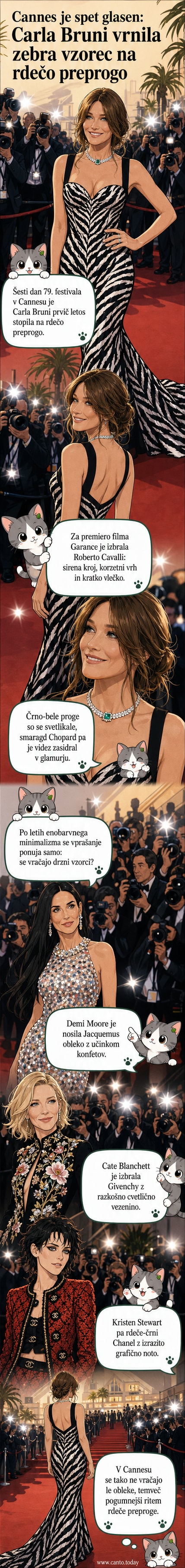 Carla Bruni na rdeči preprogi v Cannesu v črno-beli obleki s zebra vzorcem, s korzetom in vlečko, ob njej Demi Moore v svetlejši obleki in Cate Blanchett v vezenini.