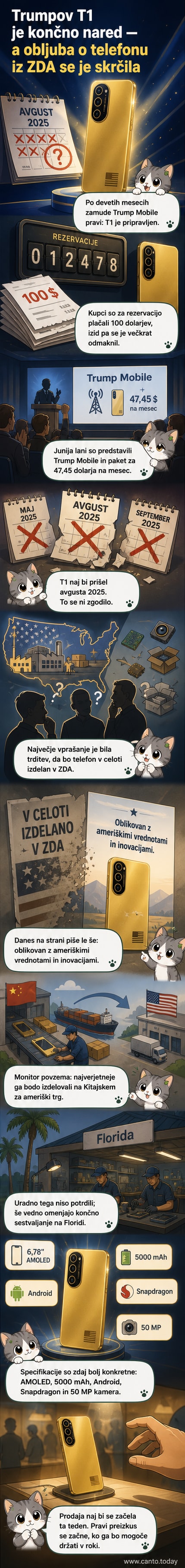 Ilustracija pametnega telefona T1 z ameriško zastavo na zaslonu, v ozadju pa tovarna na Kitajskem s simboli ameriških vrednot.