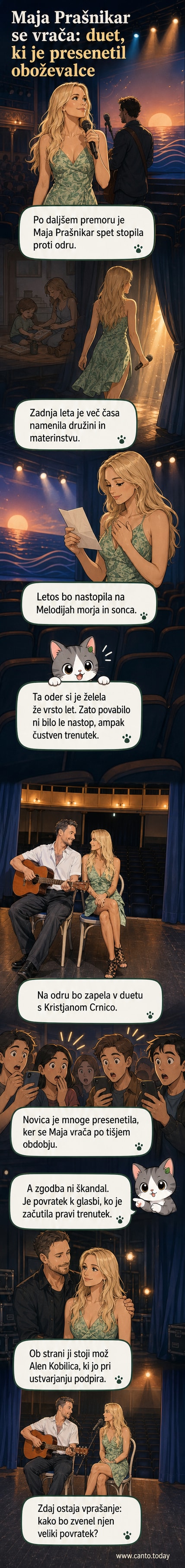 Maja Prašnikar in Kristjan Crnica skupaj na odru na festivalu Melodije morja in sonca, oba v središču svetlobnega žarka, v ozadju morski prizor.