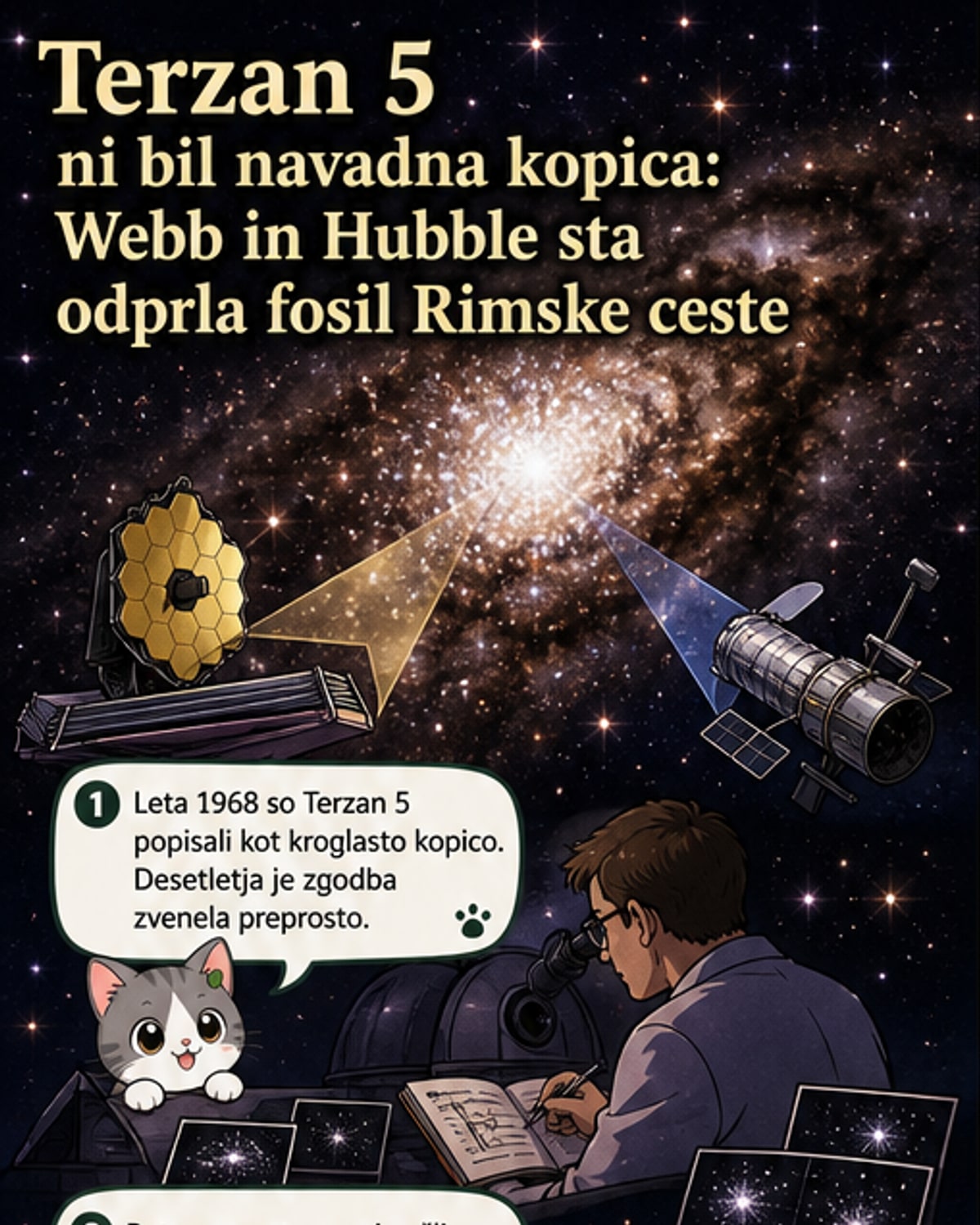 Ilustracija teleskopa James Webb in Hubble, ki opazujeta skozi prašne oblake v središču Rimske ceste, kjer se nahaja zvezdna kopica Terzan 5.