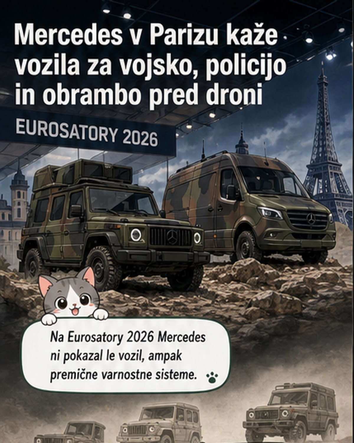 Mercedesov Razred G in druga vojaška vozila na sejmu Eurosatory 2026, vključno s sistemom proti dronom in brezpilotnim tovornjakom.