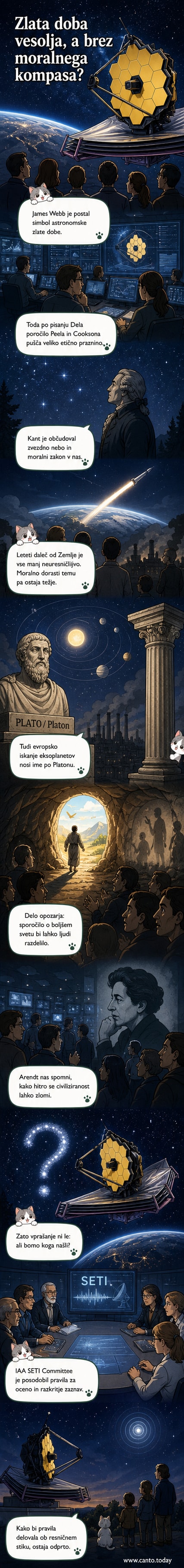 Ilustracija teleskopa James Webb pred ozadjem zvezdnega neba, s senčnim človeškim obrazom, ki se odziva na svetlobne signale iz daljnih galaksij.