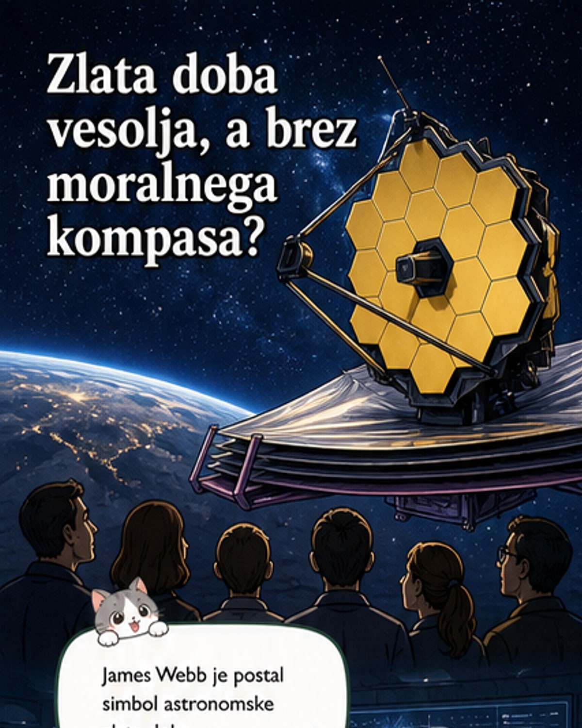 Ilustracija teleskopa James Webb pred ozadjem zvezdnega neba, s senčnim človeškim obrazom, ki se odziva na svetlobne signale iz daljnih galaksij.