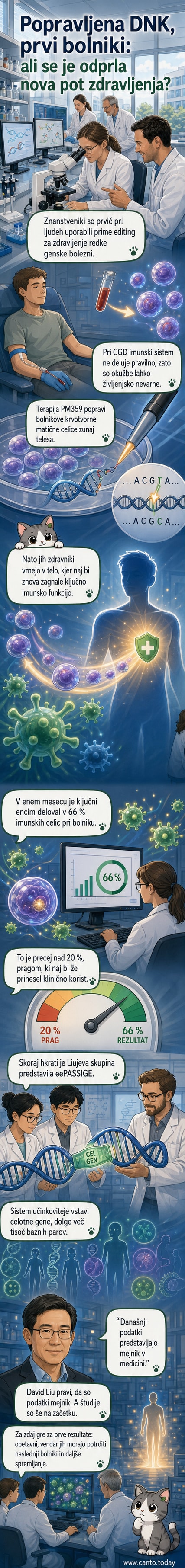 Ilustracija genskega urejanja z metodo 'prime editing', kjer se DNK natančno popravi brez prelomov dvojne vijačnice.