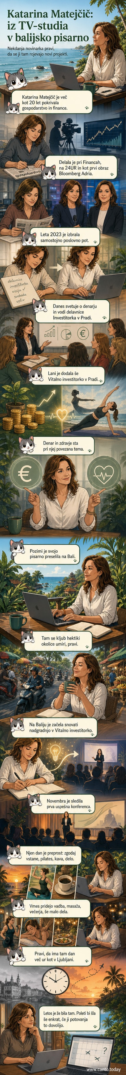 Ilustracija: ženska v barviti okolici Balija, sedi za prenosnim računalnikom pod palmo, ob njej kava in beležka, v ozadju plima in gorovje
