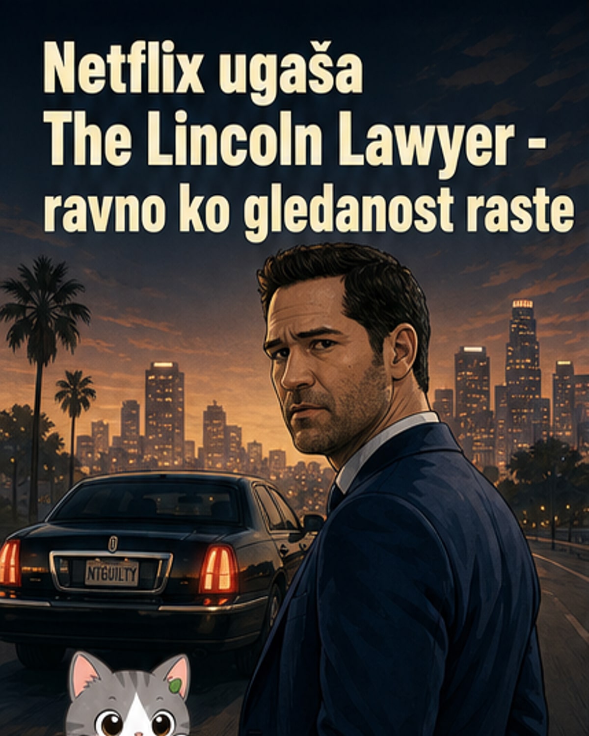 Prizor iz serije The Lincoln Lawyer: glavni lik Mickey Haller sedi na zadnjem sedežu lincolna, med pravnimi dokumenti in mestnim prometom v ozadju.