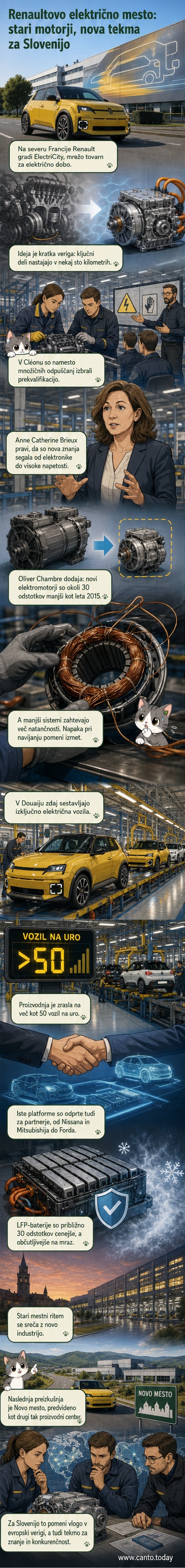 Industrijska tovarna z delavci v delovni opremi, ki sestavljajo elektromotorje; v ozadju so zasloni s podatki o proizvodnji in električna vozila na trasi.