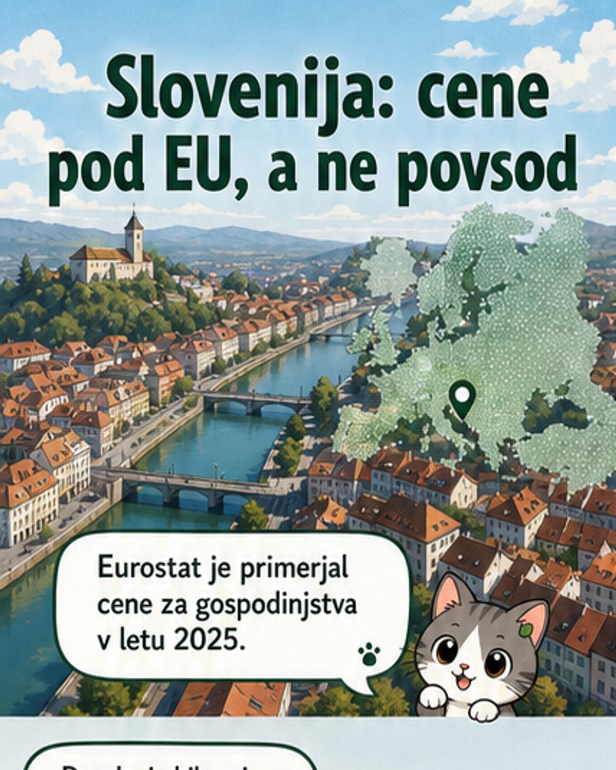 Vizualna primerjava cen življenja v Sloveniji, Hrvaškem, Italiji in Avstriji na podlagi podatkov Eurostata, z osredotočenjem na stanovanje, IKT, zdravstvo in gostinske storitve.