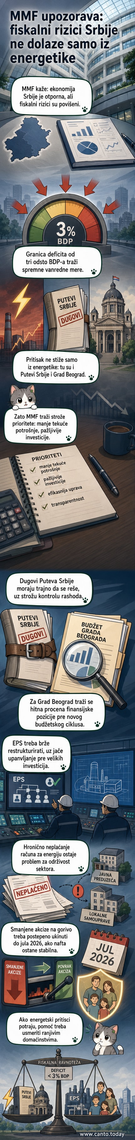 Иконска илустрација зграде српске владе са сенкама које представљају фискалне ризике: енергетски шок, дуг и градски пресипи.