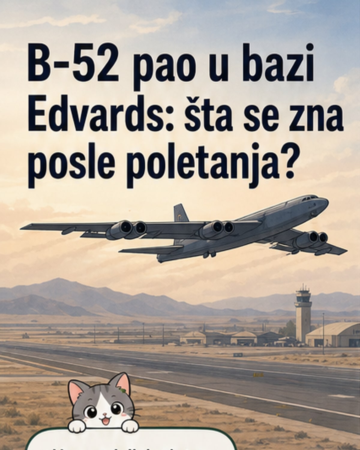 Срушени B-52 бомбардер на пустом терену у бази Едвардс, са димом који се диже из остатака авиона и хитним службама на месту догађаја.